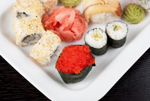 view of closeup japanese sushi set at plate