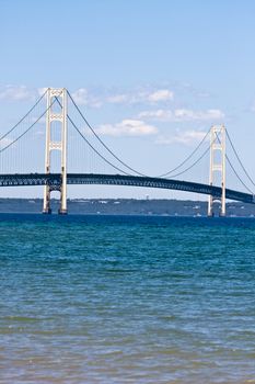 historic mackinaw bridge shot over lake michigan clear blue sky 