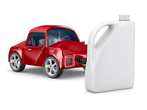 Red car and oil canister on white background. Isolated 3D image