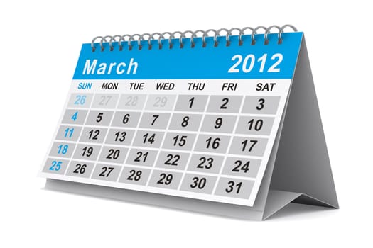 2012 year calendar. March. Isolated 3D image