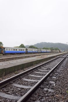 Old Thai public train at railway station in Thailand