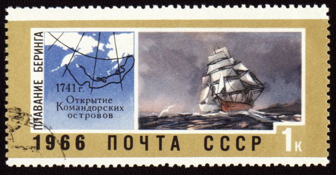 USSR - CIRCA 1966: stamp printed in USSR, shows Bering's discovery of the Commander Islands, circa 1966