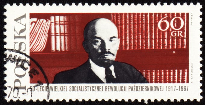 POLAND - CIRCA 1967: A stamp printed in Poland shows Lenin on bookshelf background, circa 1967