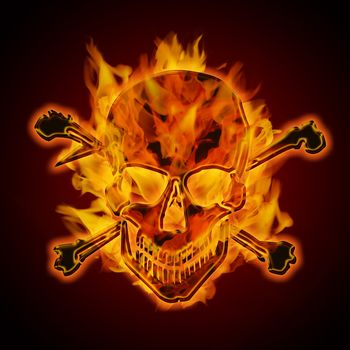 Fire Burning Flaming Metal Skull with Crossbones on Dark Background Illustration