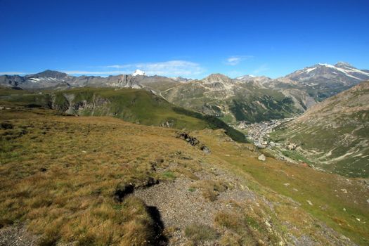 View on Val d'Isere village from the Galibier pass in the Alps mountain by summer, France