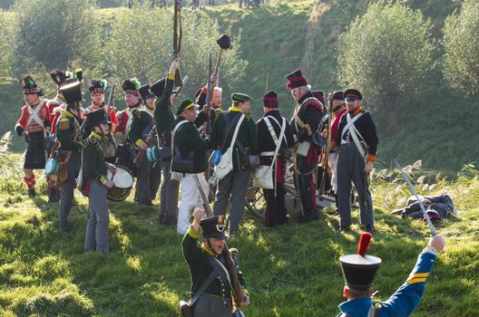 Willemstad - October 23: Replay of Napoleonic period in the Netherlands with battle between French, Dutch and English troops at Fort Sabina, October 23, 2011, Fort Sabina, Willemstad, the Netherlands