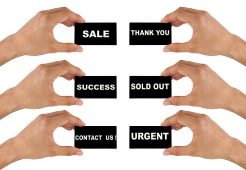 black business card in hand on white background with text: contact us, success, sale, thank you, sold out, urgent
