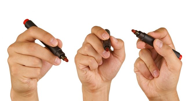 three point of view from male hand with red marker isolated on white background 