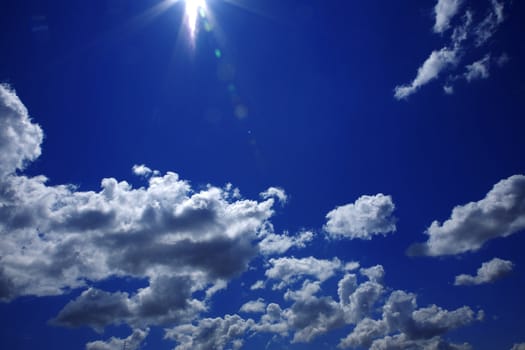 Blue sky with clouds and sun sunshine