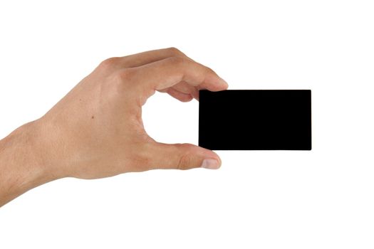 black business card in hand on white background 