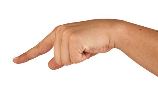 hand shows a forefinger aside on white background