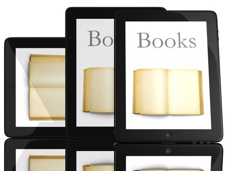 Group of Books and teblet computer 3D model isolated on white, digital library concept