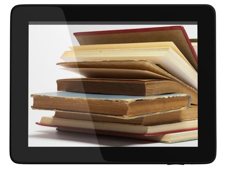 Book and generic teblet computer 3D model isolated on white, digital library concept