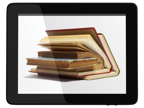 Book and generic teblet computer 3D model isolated on white, digital library concept