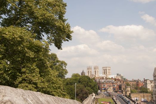 A View of York Minster Towers from the City Walls showing Lendal Bridge