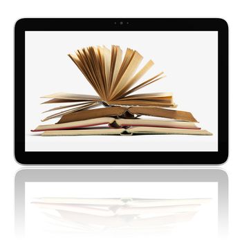 Book and generic teblet computer 3D model isolated on white, E-book E-reader concept