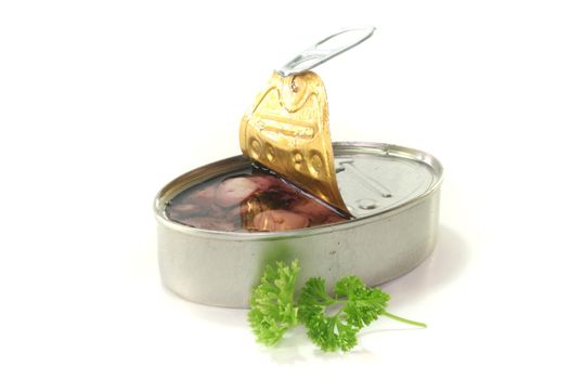 a can of squid with parsley on a white background