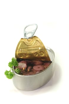a can of squid with parsley on a white background