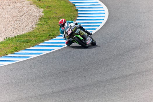 JEREZ DE LA FRONTERA, SPAIN - MAR 5: Moto2 motorcyclist Nico Terol takes a curve in the MotoGP Official Trainnig on Mar 5, 2011 in Jerez de la Frontera, Spain