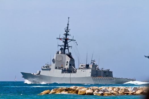 MALAGA, SPAIN-MAY 28: Frigate F-101 Alvaro de Bazan taking part in an exhibition on the day of the spanish army forces on May 28, 2011, in Malaga, Spain