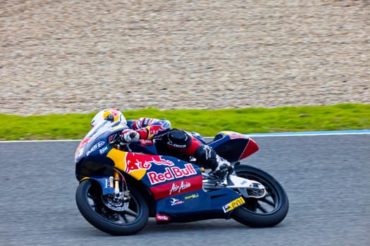 JEREZ DE LA FRONTERA, SPAIN - MAR 5:125cc pilot Jonas Folger races on the official training of the world championship of MotoGP on Mar 5, 2011, in Jerez de la Frontera, Spain
