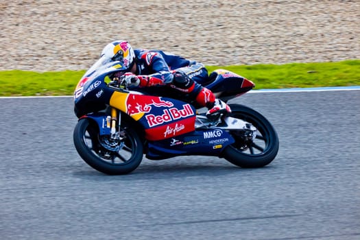 JEREZ DE LA FRONTERA, SPAIN - MAR 5:125cc pilot Danny Kent races on the official training of the world championship of MotoGP on Mar 5, 2011, in Jerez de la Frontera, Spain