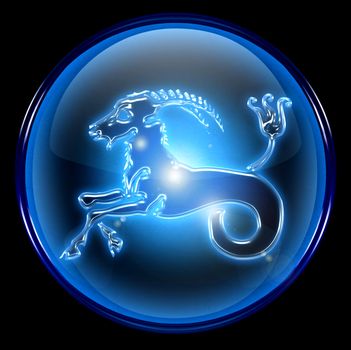 Capricorn zodiac button, isolated on black background.