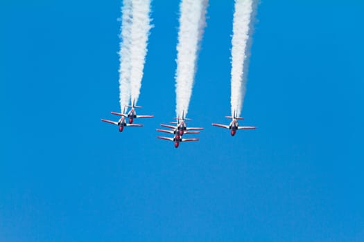 MALAGA, SPAIN-MAY 28: Aircrafts of the Patrulla Aguila taking part in an exhibition on the day of the spanish army forces on May 28, 2011, in Malaga, Spain
