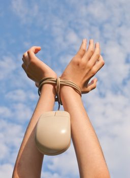 Hands tied up with a computer mouse cord - office slavery concept