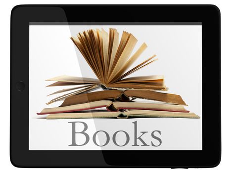 Book and generic teblet computer 3D model isolated on white, digital library concept