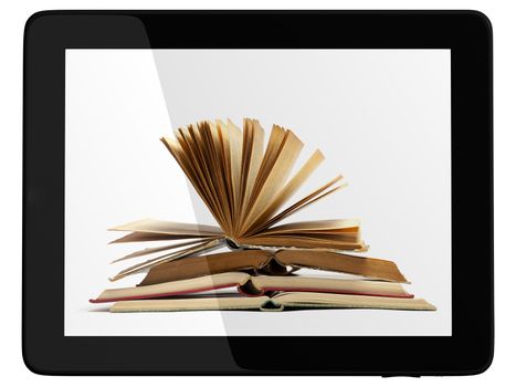 Book and generic teblet computer 3D model isolated on white, digital library concept