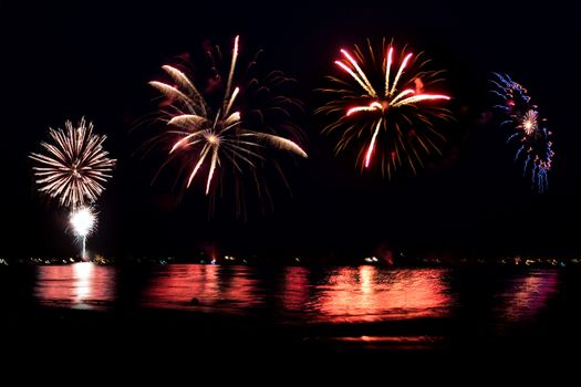 Beautiful fireworks going off with plenty of negative space in the dark night sky.