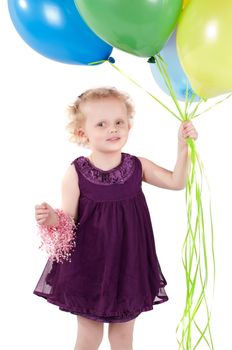 Shot of little cute girl with multicolored air balloons isolated on white