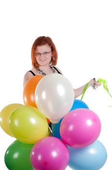 Shot of beautiful woman with multicolored air balloons isolated on white