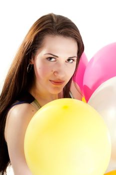 Shot of beautiful woman with multicolored air balloons isolated on white