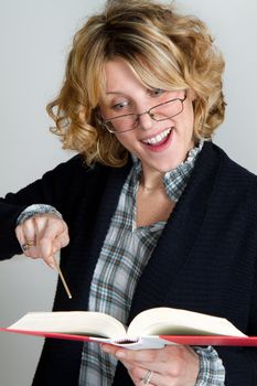 blonde girl with book