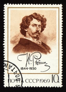 Post stamp printed in USSR shows drawing selfportrait of russian artist Ilya Repin (1844-1930), circa 1969