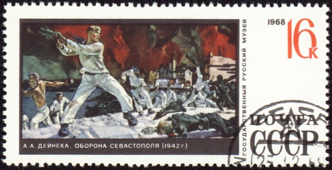 USSR - CIRCA 1968: A stamp printed in the USSR shows a painting "Defence of Sevastopol" by Deyneka, series "Russian Museum", circa 1968