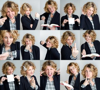 Collage of the same woman making diferent expressions