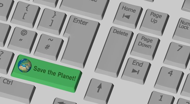 Save the Planet  text on the computer keyboard with special key in green