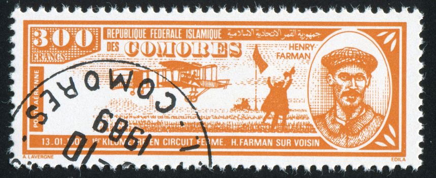 COMORO ISLANDS - CIRCA 1988: stamp printed by Comoro islands, shows airplane and Henri Farman, circa 1988