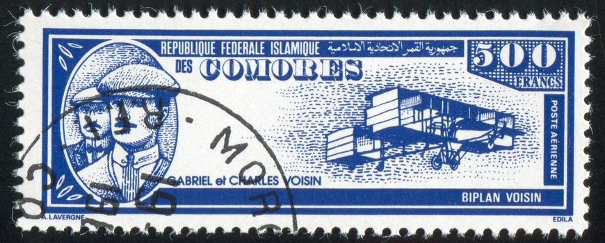 COMORO ISLANDS - CIRCA 1988: stamp printed by Comoro islands, shows airplane, Gabriel and Charles Voisin, circa 1988