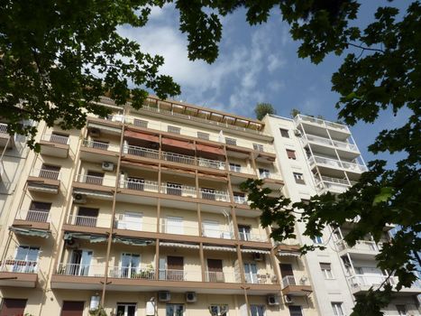 Facade of a city building in Thessaloniki, Greece, by beautiful weather.