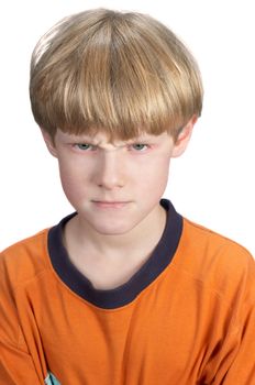 serious displeased blond boy, isolated on white