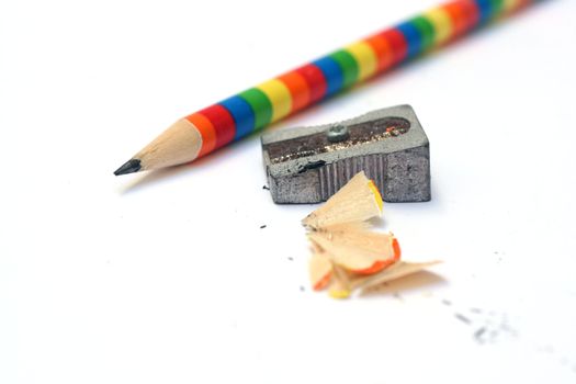 coloured pencil and sharpener with shavings