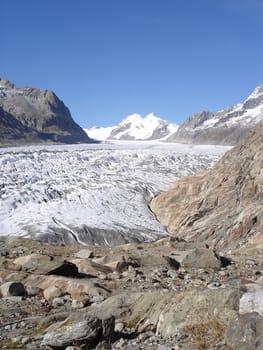 View Of Monch And Eiger Summits And Of Aletsch Glacier The Longest River Of Ice In The European Alps Canton Of Valais Switzerland.