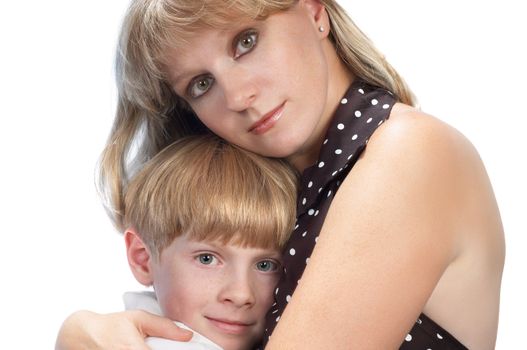 mother and son happy together, isolated on white