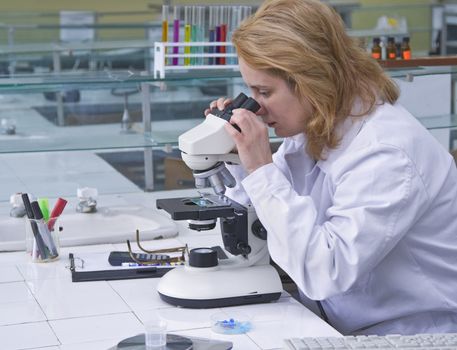 Female researcher looking through microscope in a laboratory.