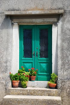 Closed old door in green color