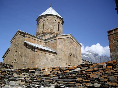 the St. Stepan Chirch (Stepantsminda) in Caucasus Mountains, Georgia